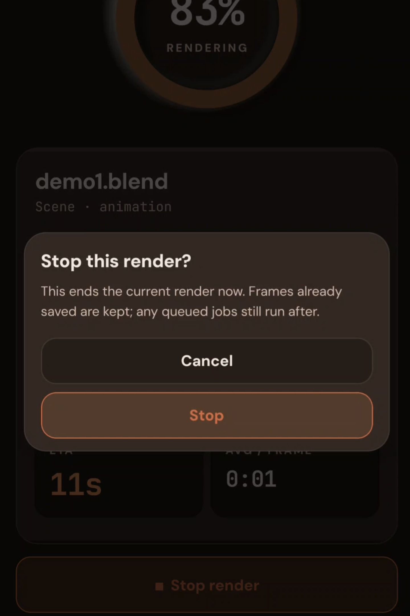 A confirmation asking whether to stop the render, over a job sitting at 83 percent