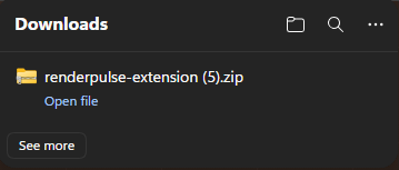 A browser's Downloads panel showing renderpulse-extension.zip with an Open file link