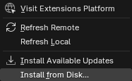 Blender's extensions menu with Install from Disk at the bottom