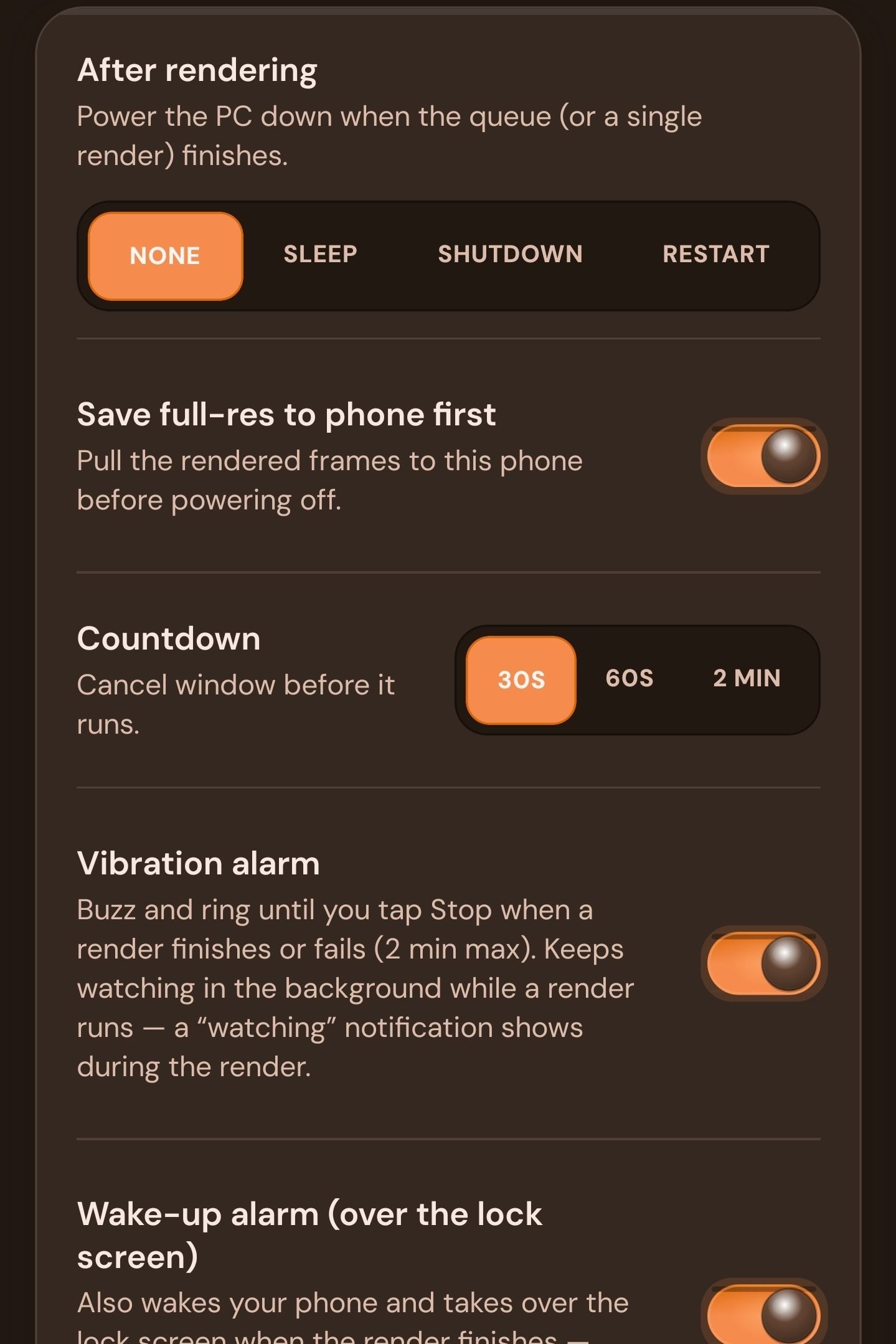 After-rendering settings: none, sleep, shutdown or restart, save full-res to phone first, and a cancel countdown