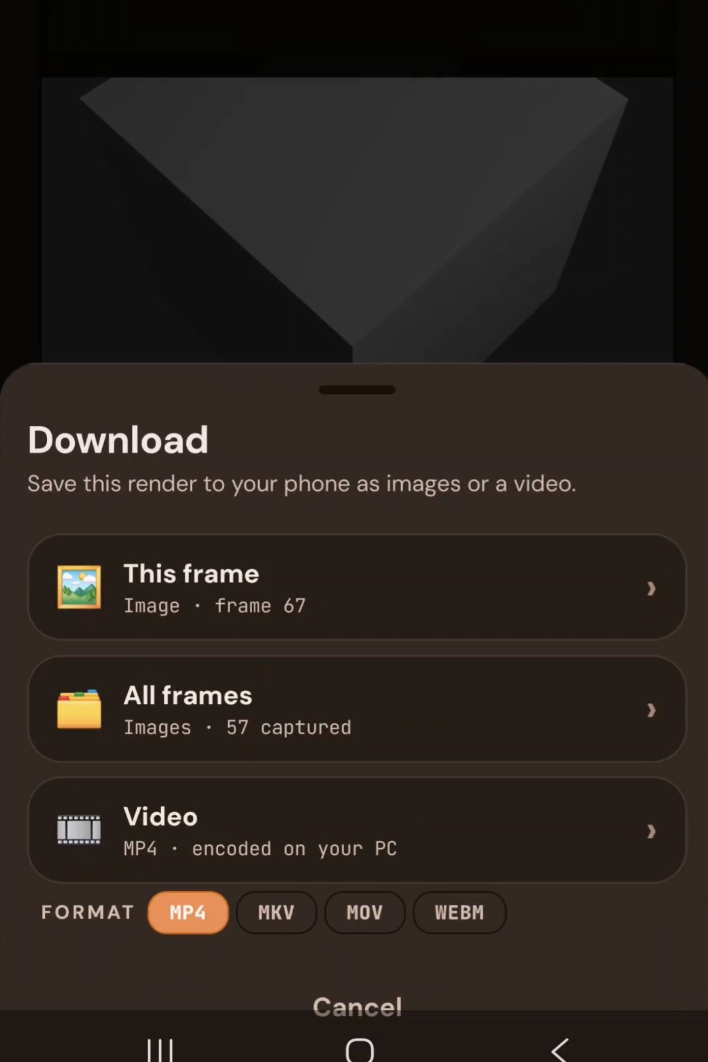 Download sheet offering this frame, all frames, or a video in MP4, MKV, MOV or WEBM