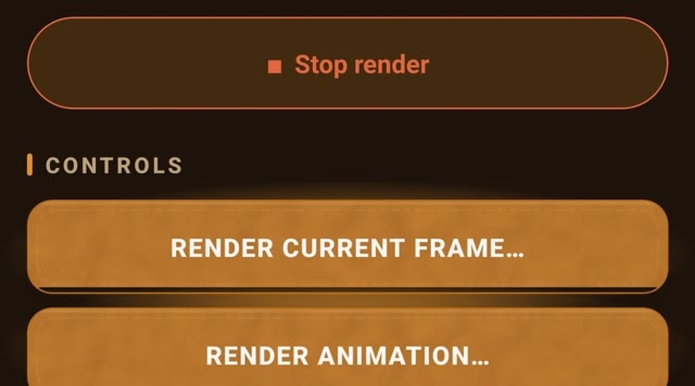 Render controls: stop render, render current frame, or render animation, from the app